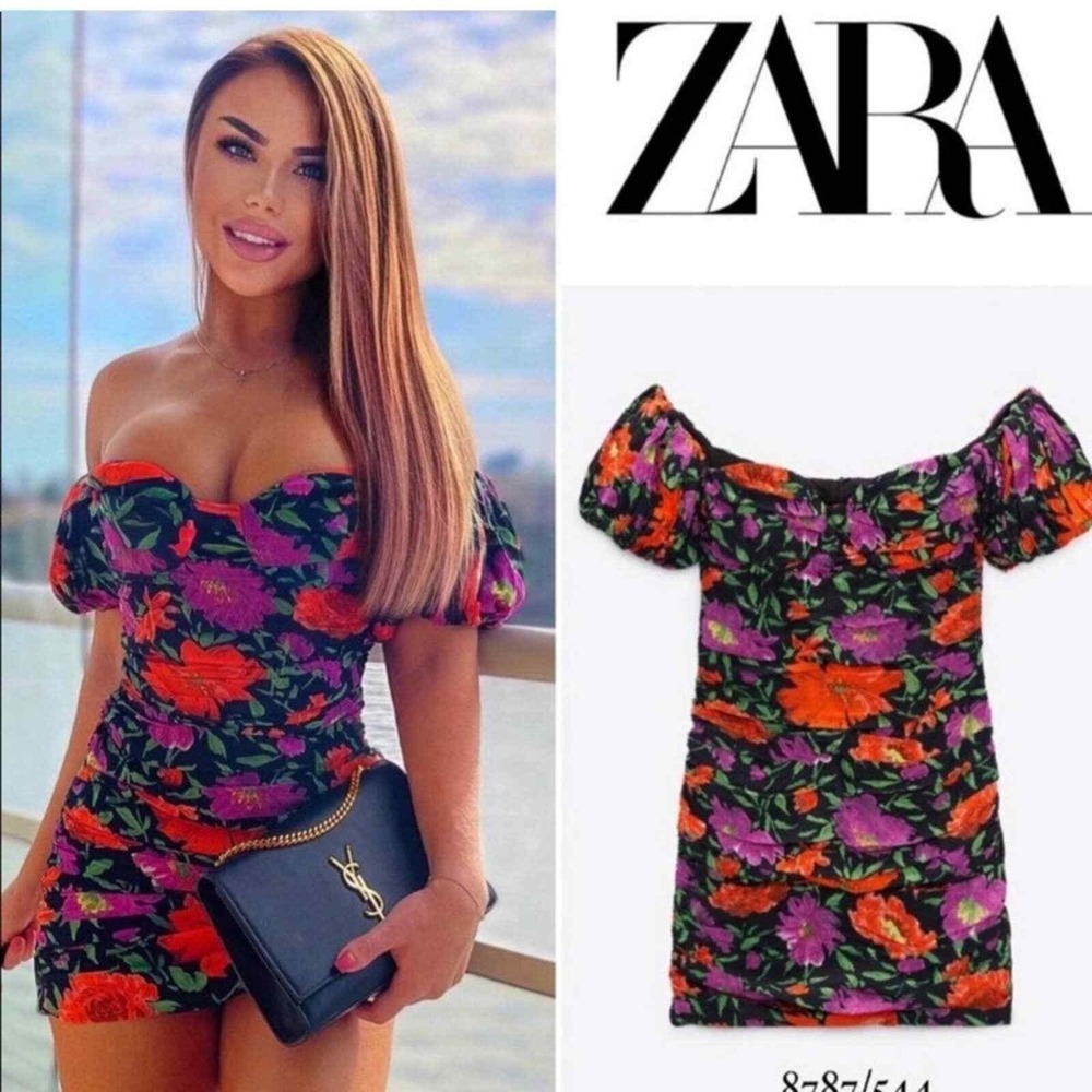 Zara‎ Floral Mini Dress Womens Medium Black Ruched Puff Sleeve Blogger Favorite